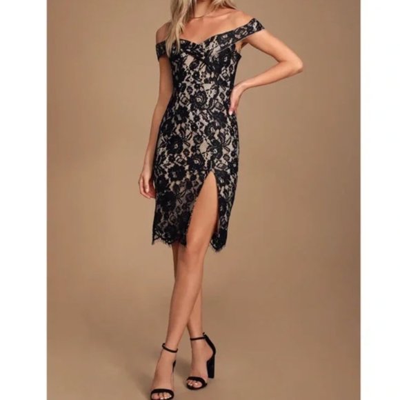 Lulus Dresses & Skirts - Lulu's table for two black lace off the shoulder dress size small